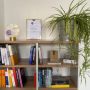 Ein Bücherregal mit einer Grünlilie oben drauf. Das Regal steht in unserem Büro in Wien
